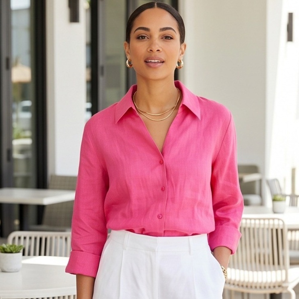 JM Collection Women's 16 100%‎ Linen Button Up Shirt Pink Plus Size